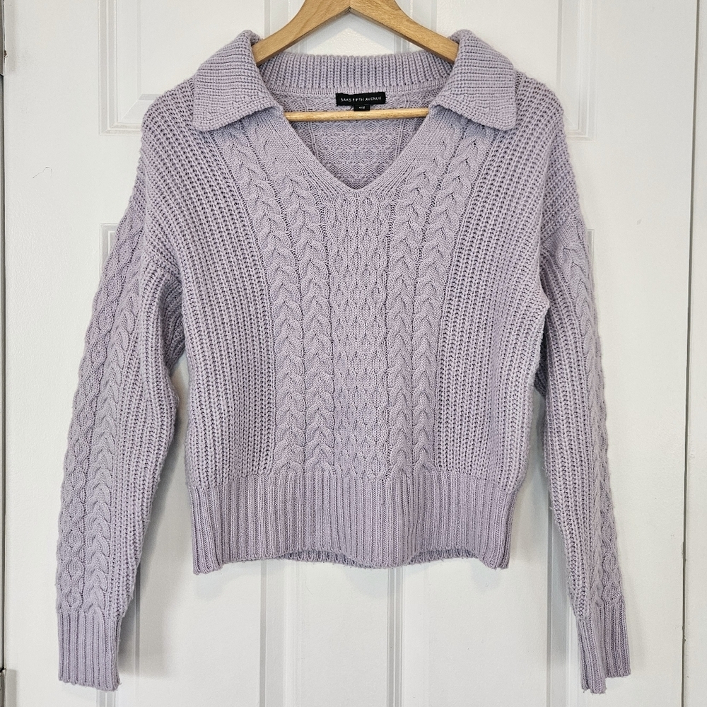 Saks Fifth Avenue Wool Blend Cable Knit Collared Sweater Lavender XS - Picture 2 of 5
